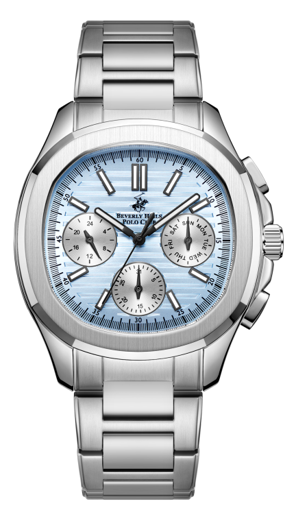Beverly Hills Polo Club multifunction chronograph watch with light blue dial and silver-tone case