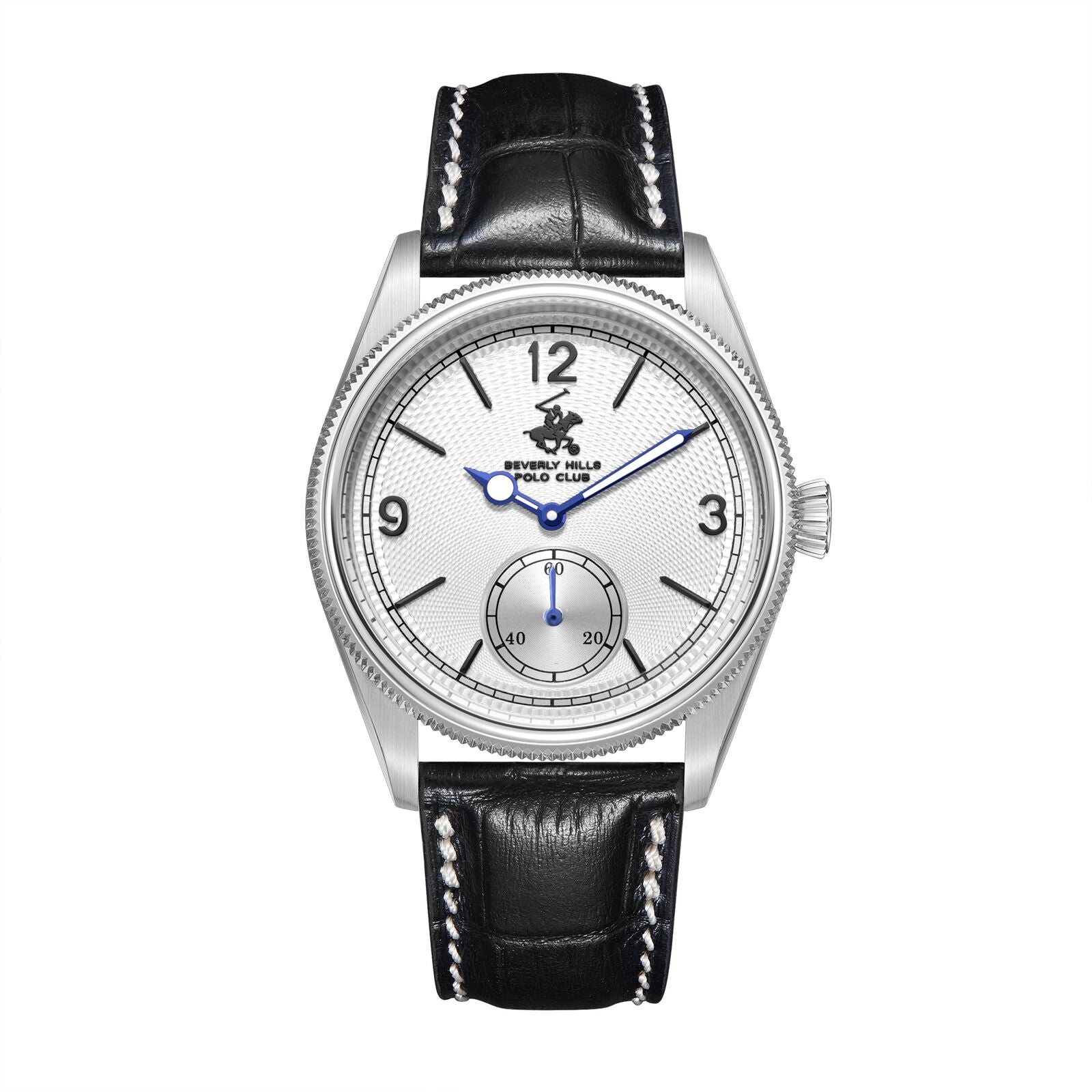 Beverly Hills Polo Club silver stainless steel watch with white dial and black leather strap