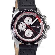 Fossil Autocross BQ2888 chronograph watch at angle showing black dial, red bezel, and leather strap