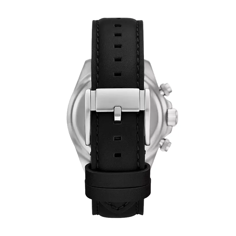 Fossil Autocross BQ2888 watch caseback and black leather strap with buckle closure