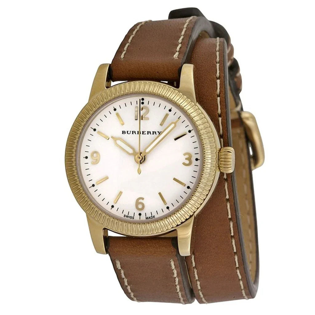 Burberry BU7850 watch angled view showing gold-tone case and wrapped brown leather strap with stitching