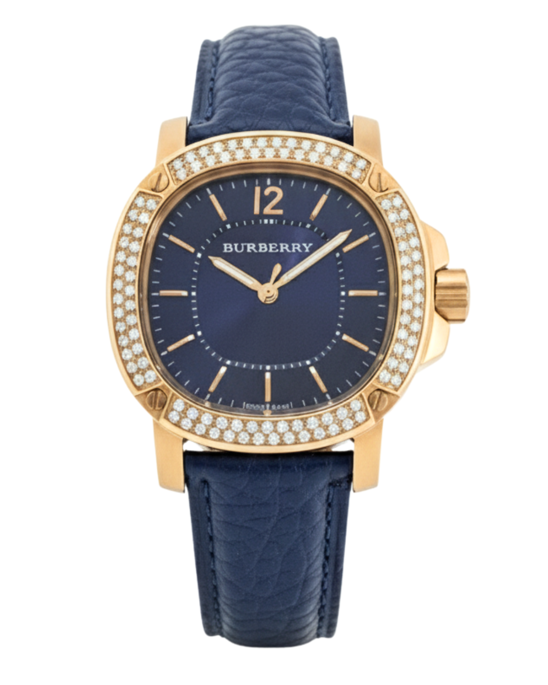 Burberry rose gold ladies watch with diamond bezel, navy dial, and navy leather strap