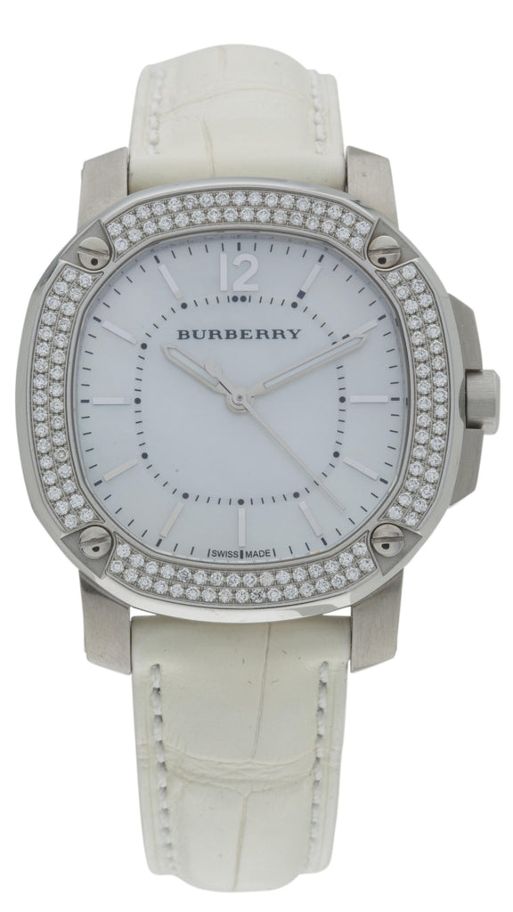 Burberry Britain BBY1800 luxury ladies watch with diamond-set bezel and pearl dial
