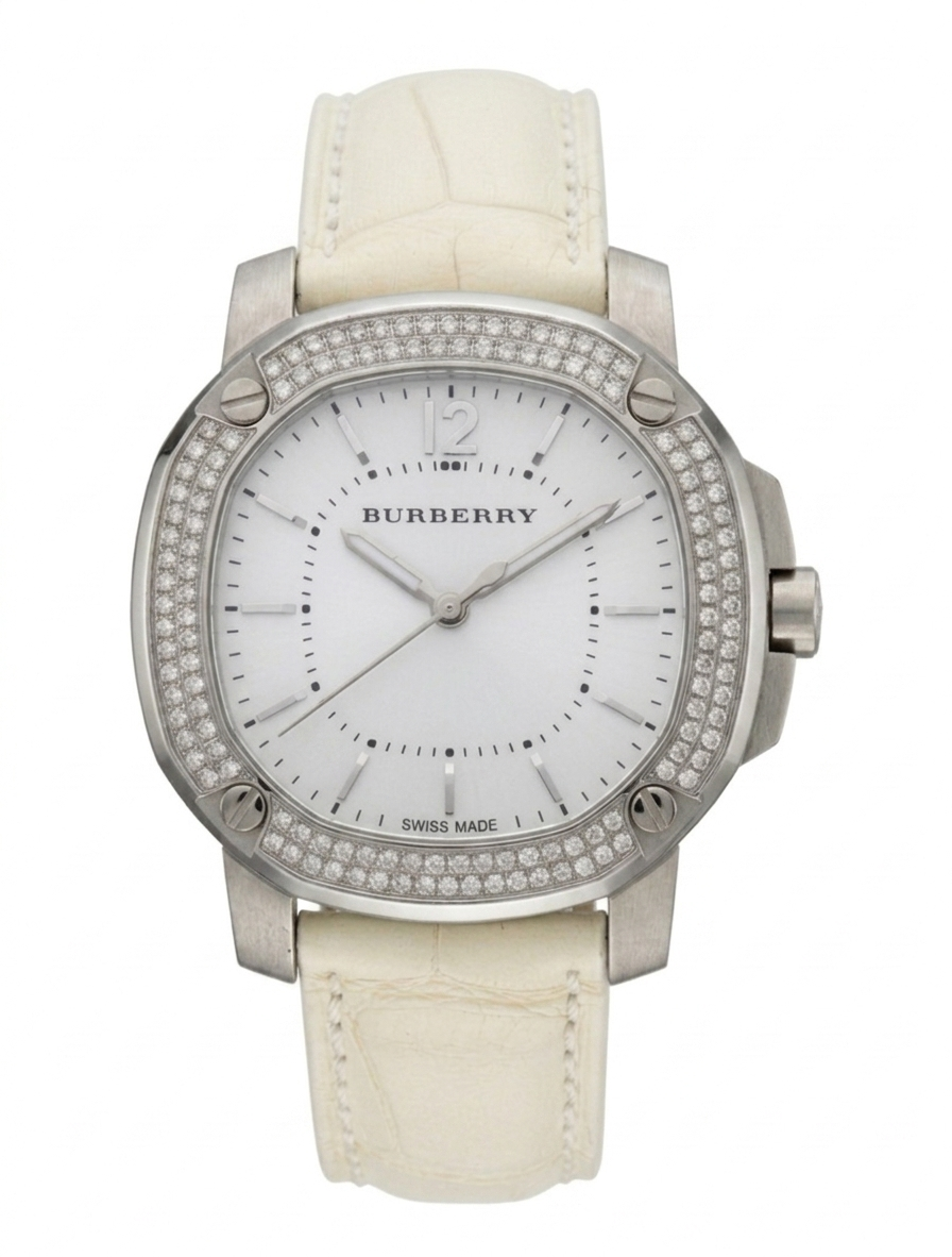Burberry Britain BBY1800 watch with silver diamond bezel and white mother of pearl dial
