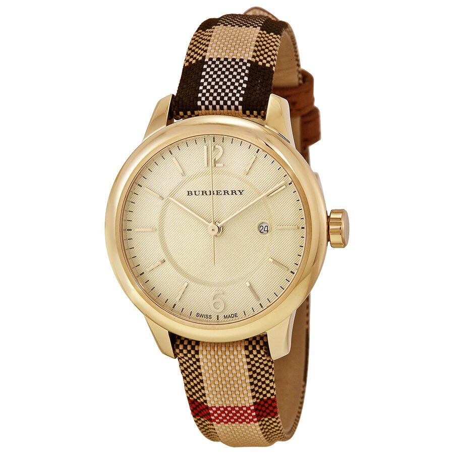 Burberry ladies watch with cream stamped dial, gold case, and honey check fabric strap