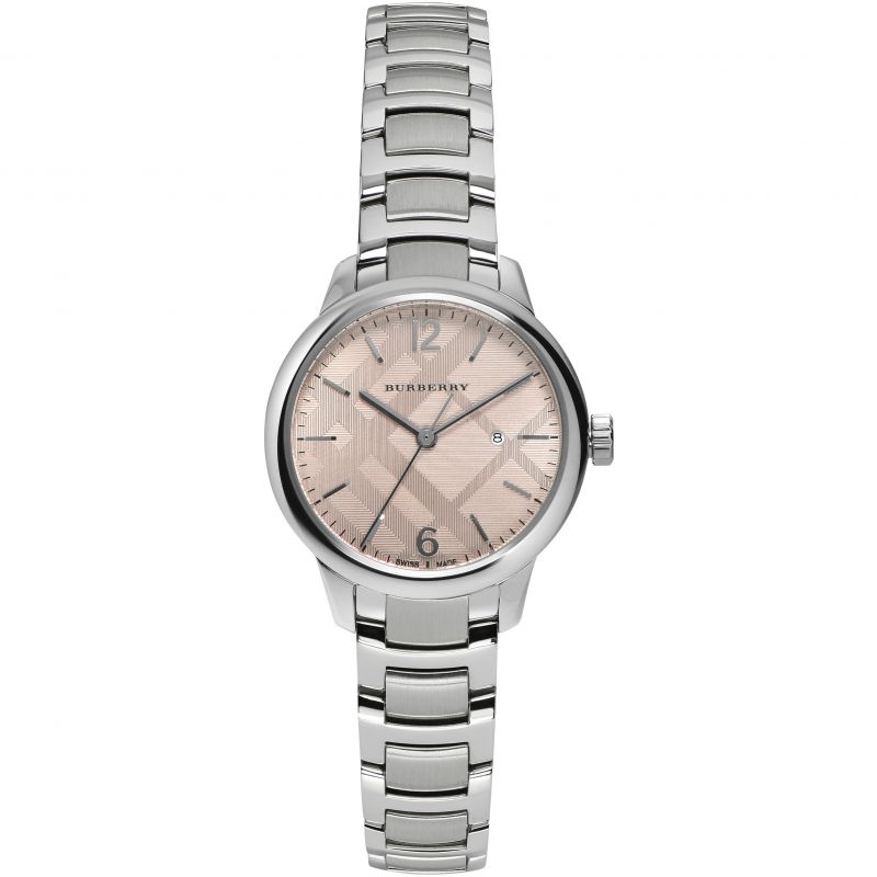 Burberry women's watch with pink dial and silver stainless steel bracelet, model BU10111