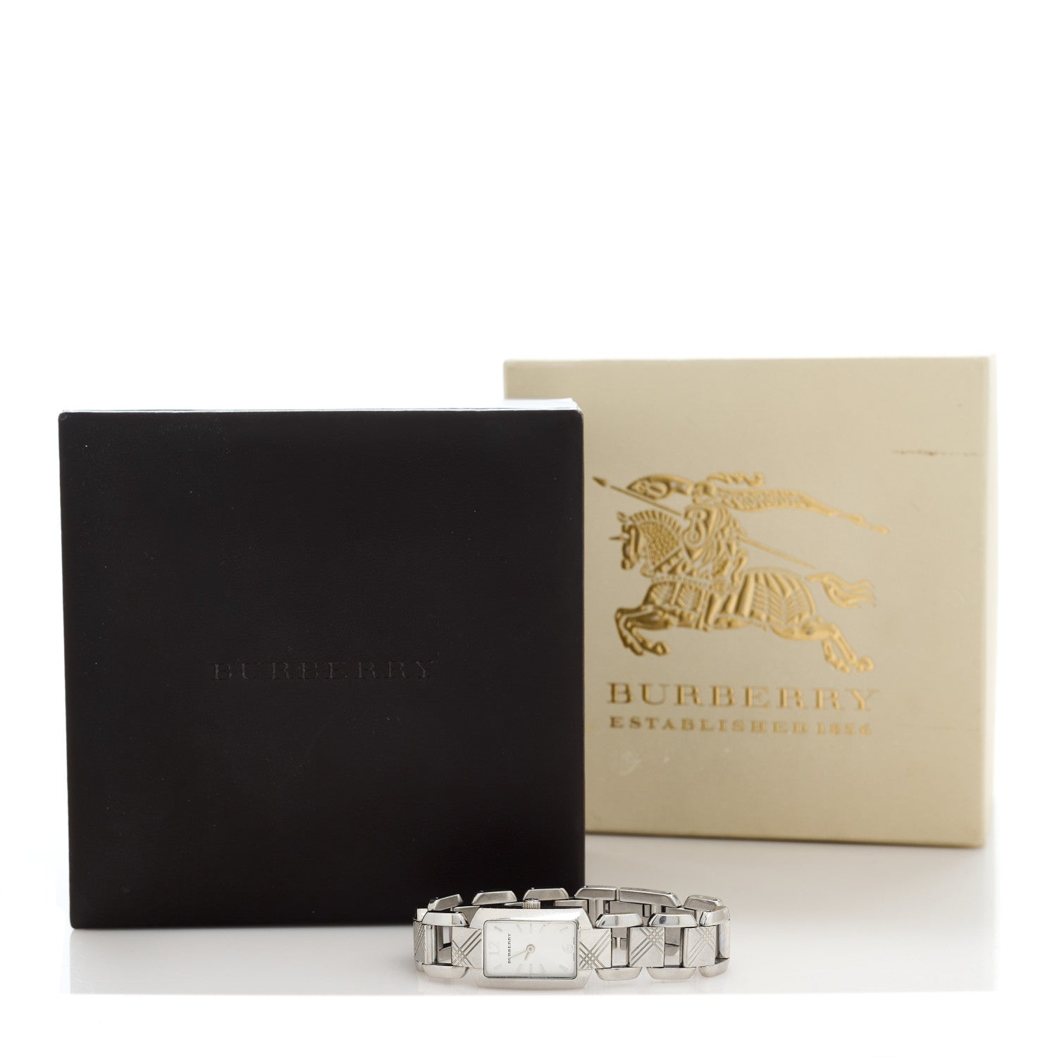 Burberry BU4211 watch with black and cream branded boxes and packaging