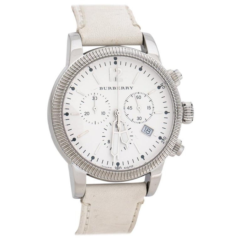 Burberry BU7821 watch three-quarter view showing white leather strap and chronograph subdials
