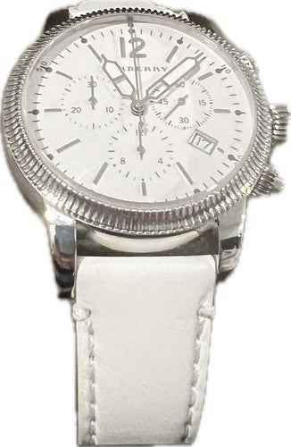 Burberry BU7821 chronograph watch on wrist with white leather strap