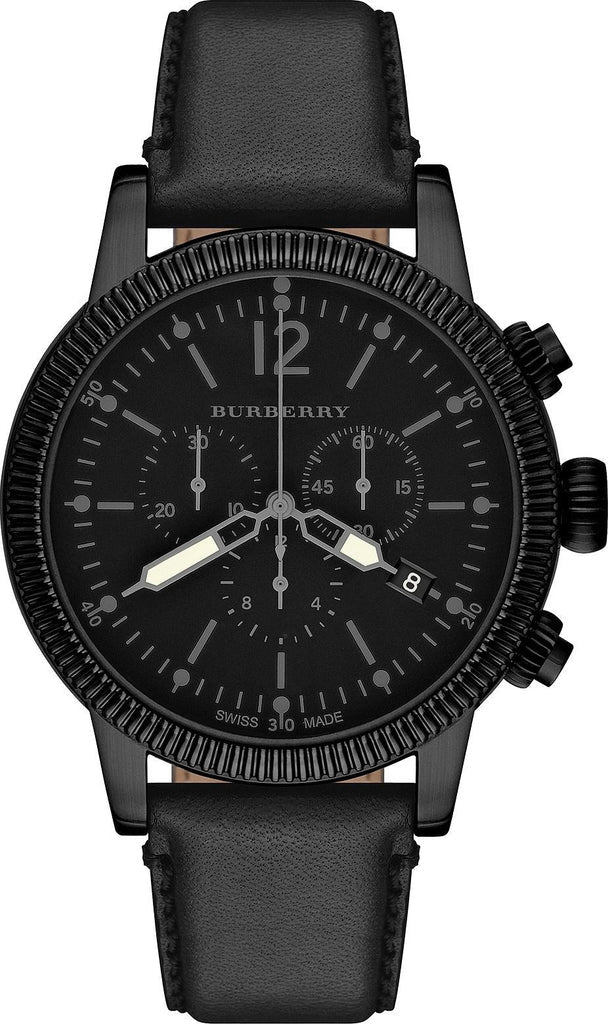 Burberry BU7827 chronograph watch with black dial, Arabic numerals, and black leather strap