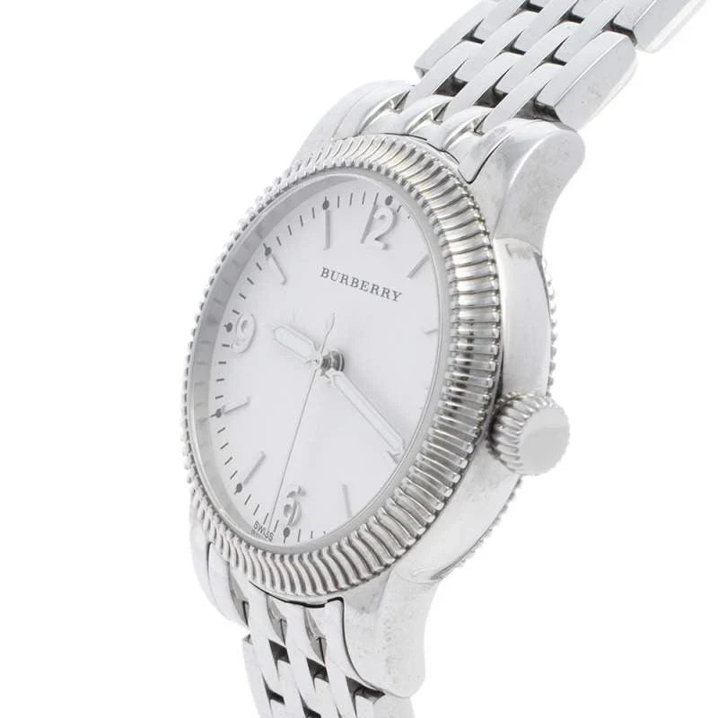 Burberry BU7856 watch angled view showing white dial and beaded bezel design