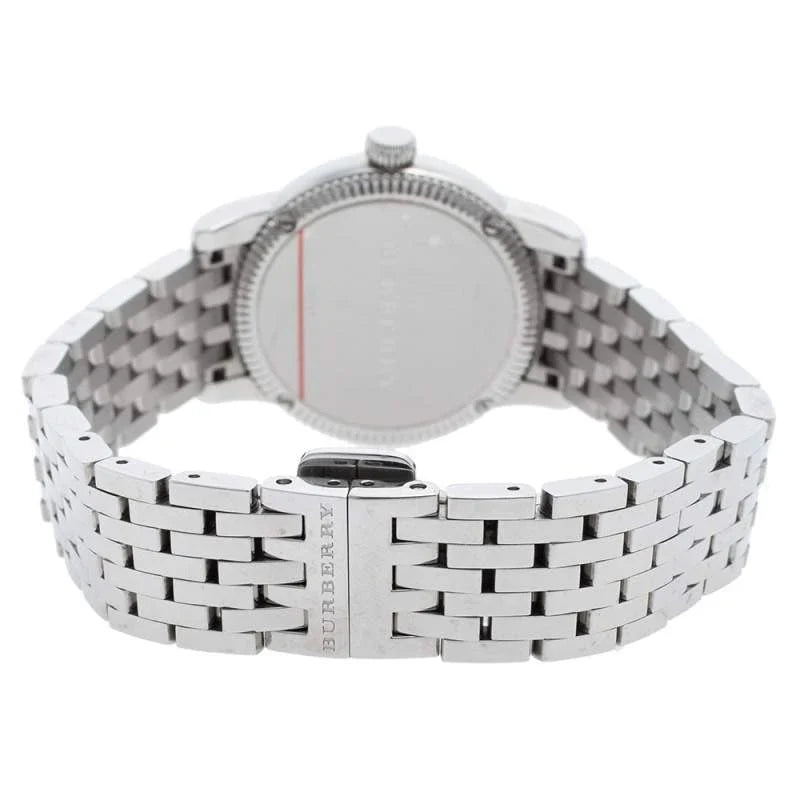Burberry BU7856 watch side view displaying silver steel link bracelet and case profile