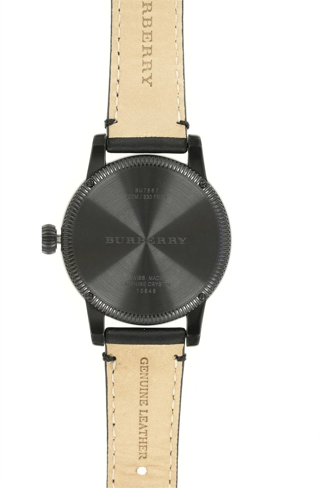 Burberry Utilitarian GMT watch caseback showing sunburst finish and Burberry branding