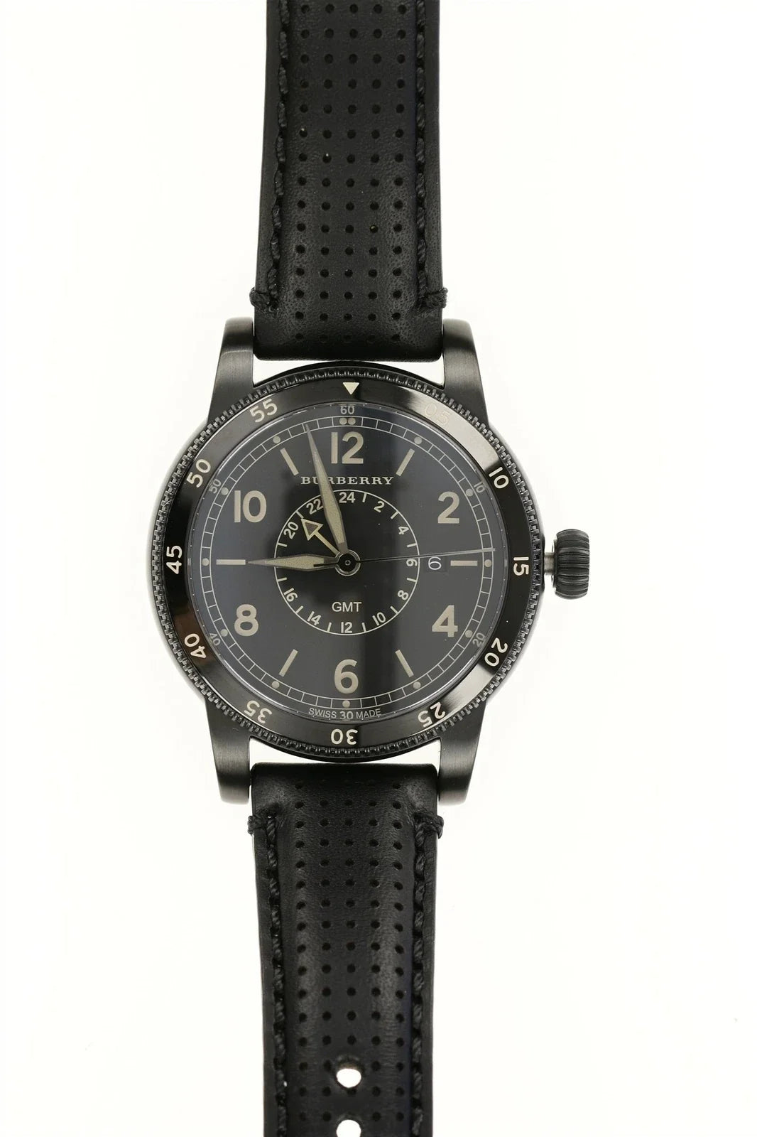 Burberry Utilitarian GMT men's watch with black dial, subdial, Arabic numerals, and black perforated leather strap