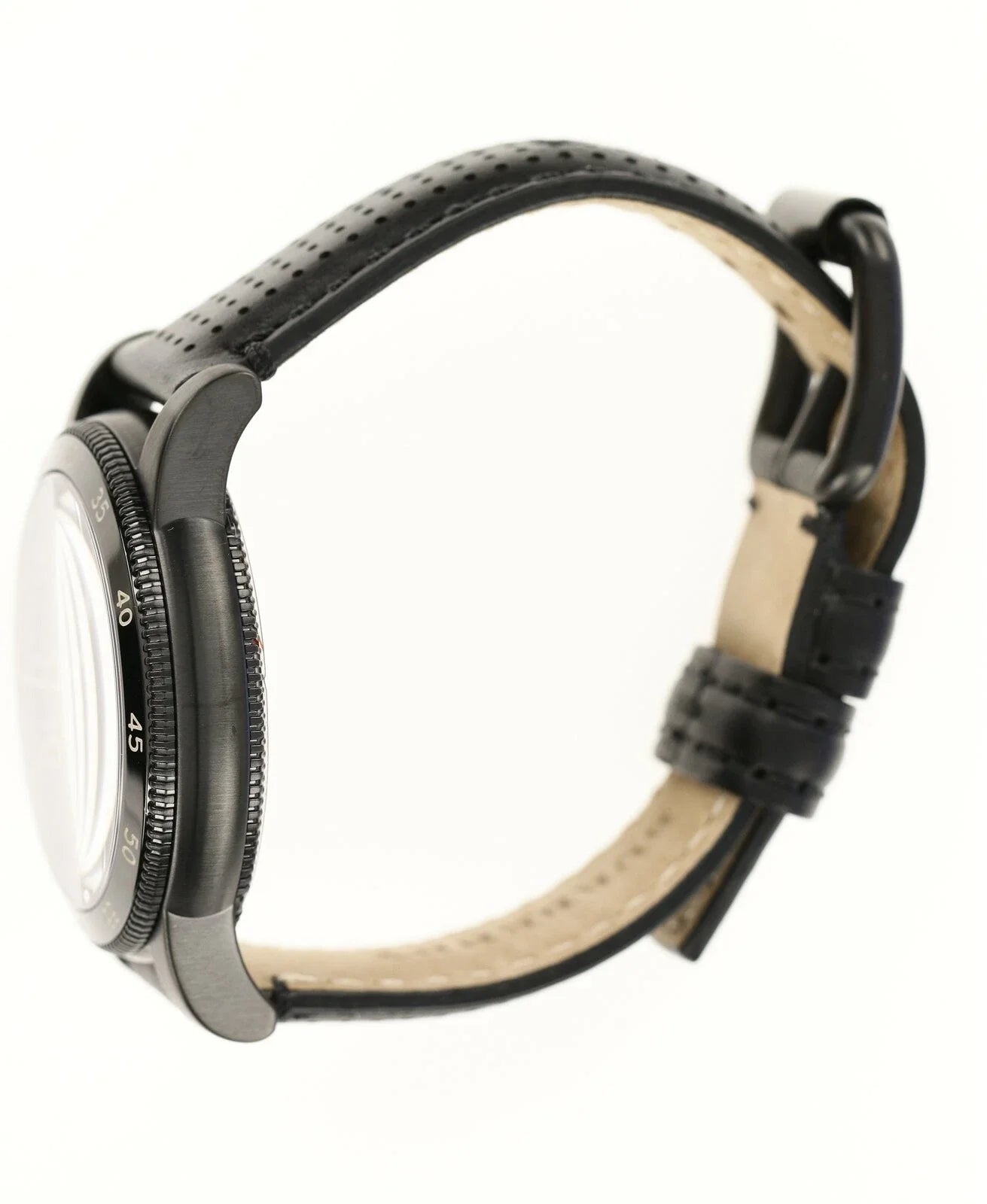Burberry Utilitarian GMT watch on wrist showing black steel case with cream and black leather strap