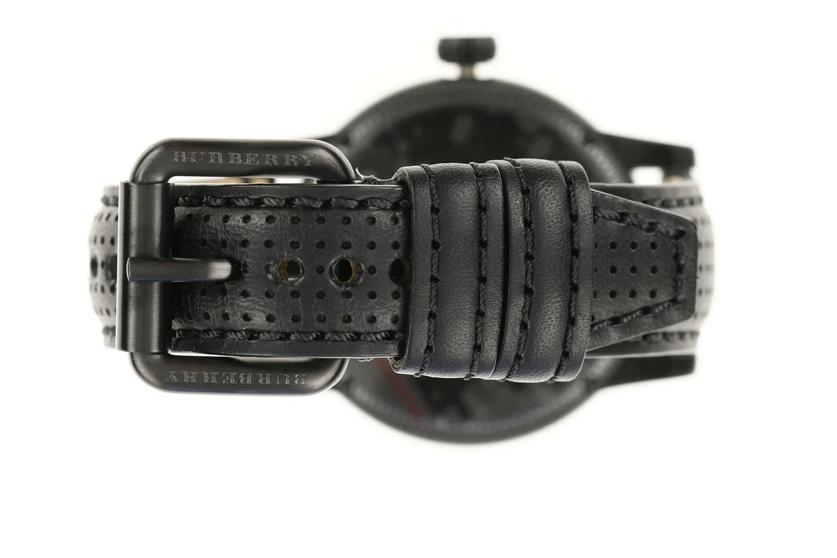 Burberry Utilitarian GMT black perforated leather strap with Burberry buckle, cream suede lining