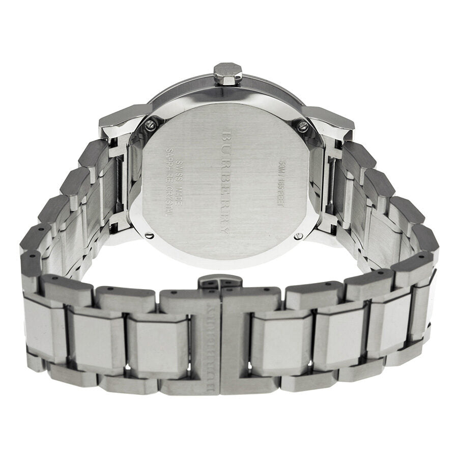 Burberry BU9001 watch caseback showing stainless steel back and bracelet