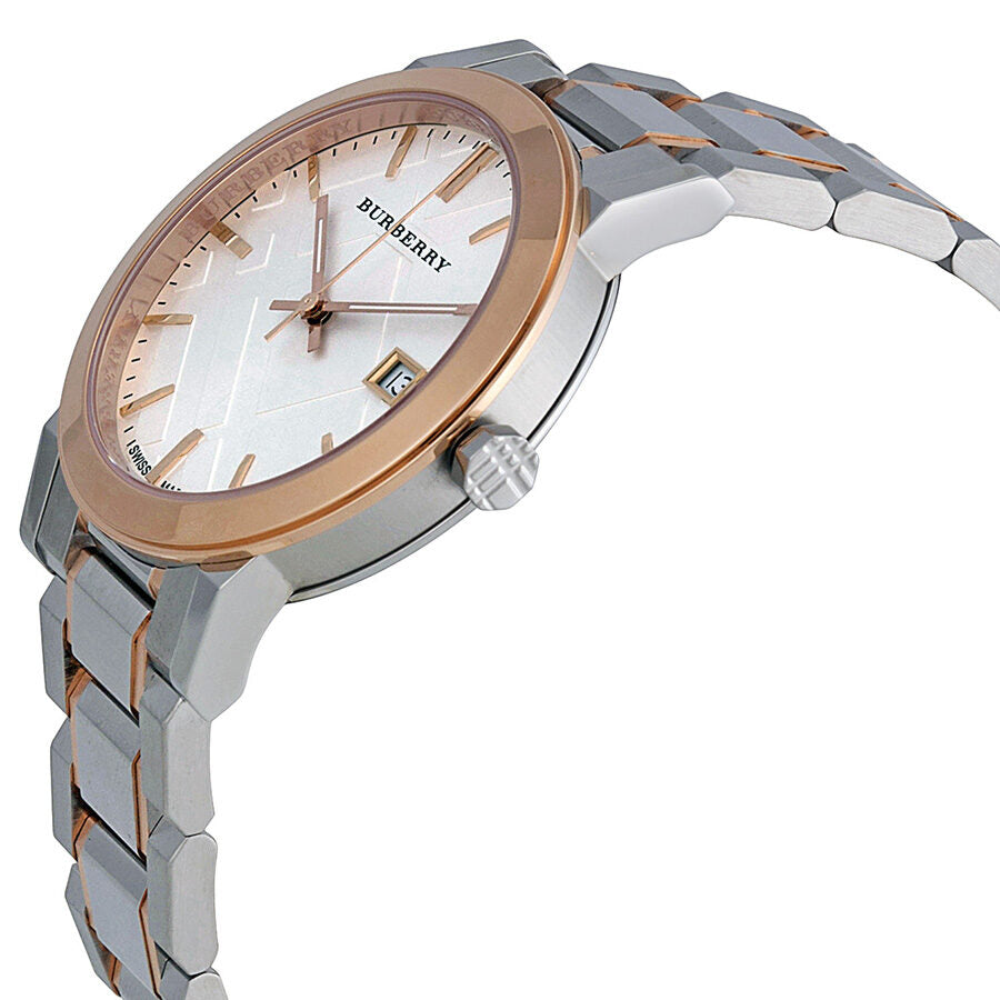 Burberry BU9006 watch at angle showing two-tone silver and rose gold bracelet design