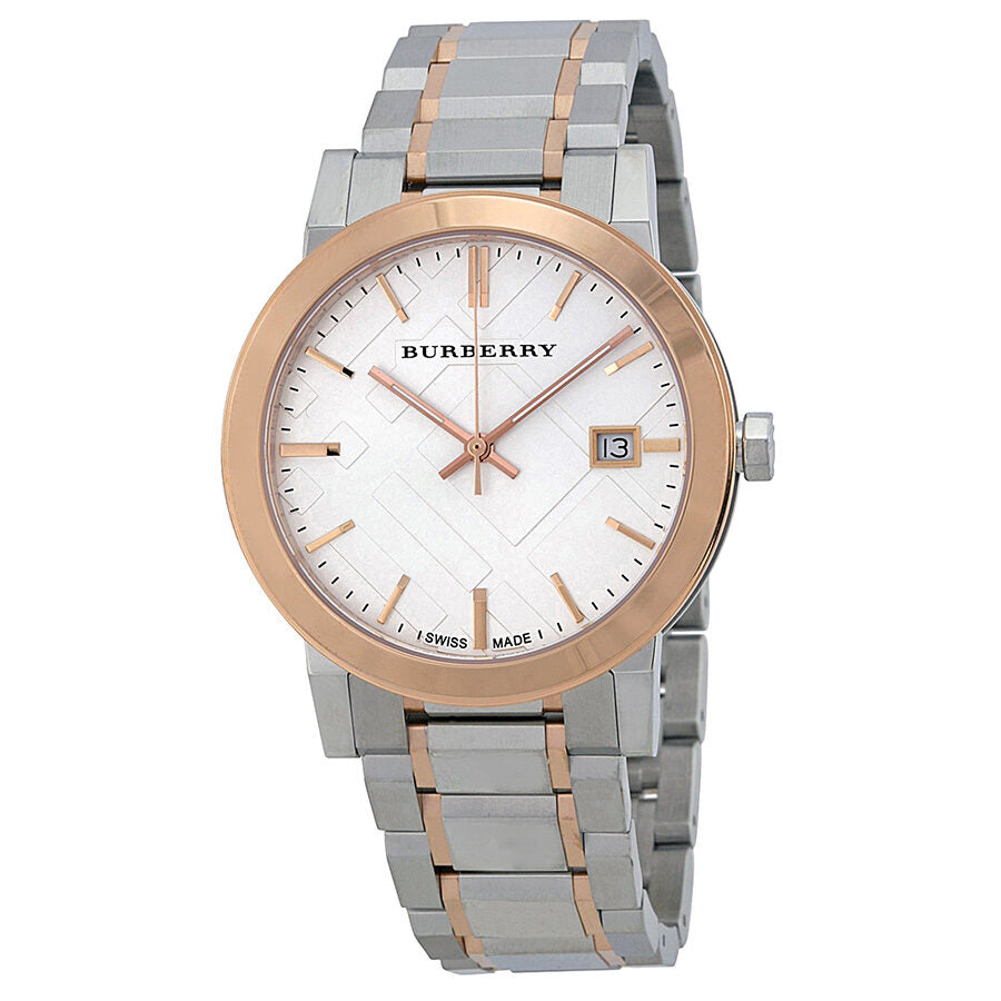 Burberry BU9006 two-tone stainless steel watch with silver dial and rose gold bezel