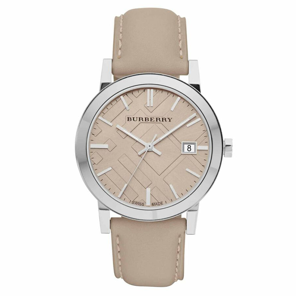 Burberry men's watch with tan check pattern dial, stainless steel case and tan leather strap