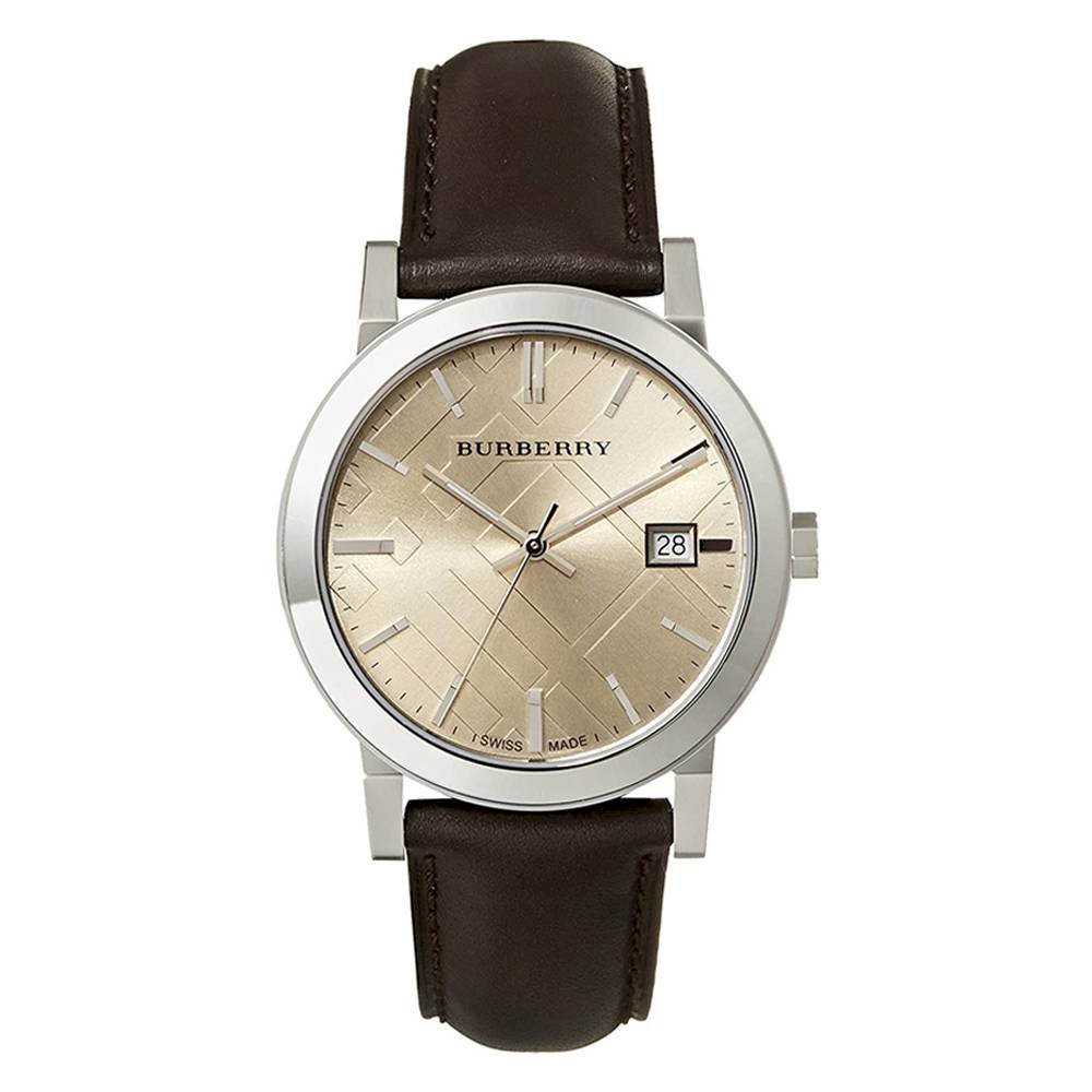 Burberry BU9011 watch with fawn dial, stainless steel case, brown leather strap, and date window