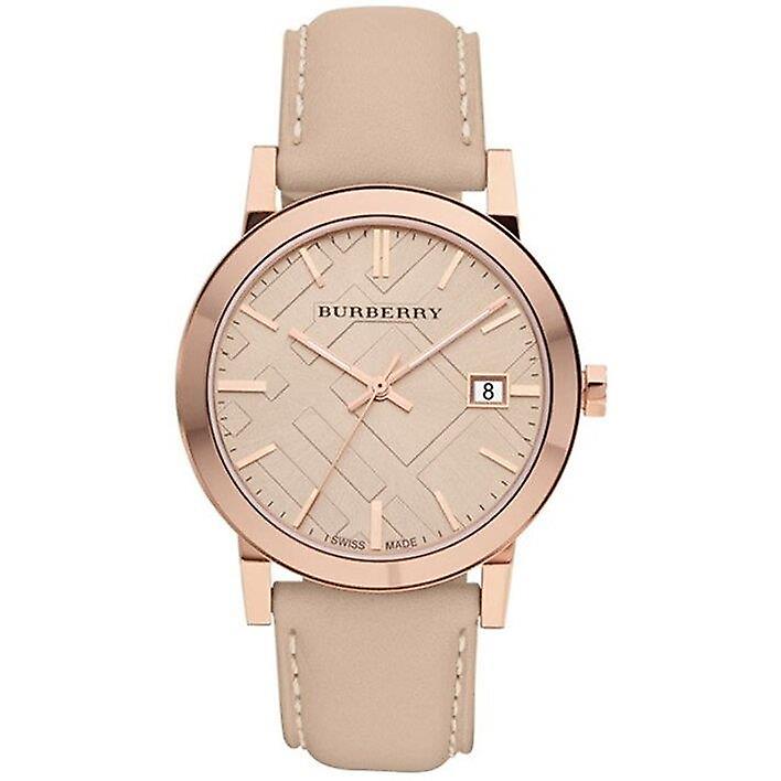 Burberry BU9014 unisex watch with tan dial, rose gold case, and tan leather strap