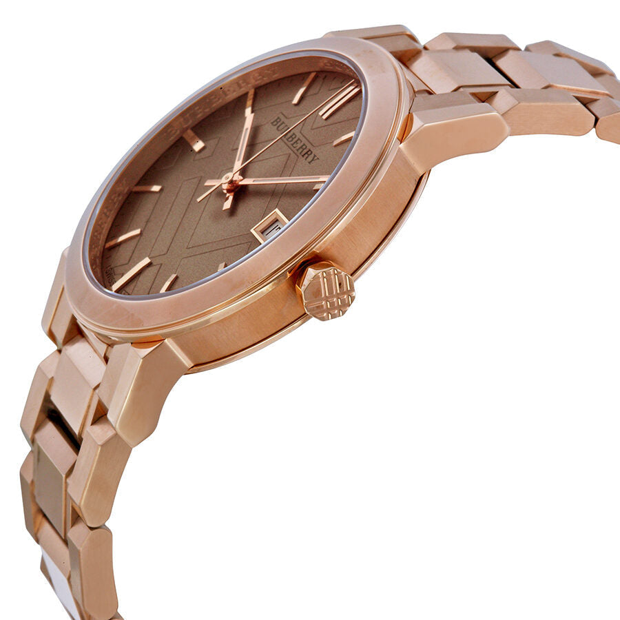 Side angle view of Burberry The City BU9034 rose gold watch showing bracelet and case profile