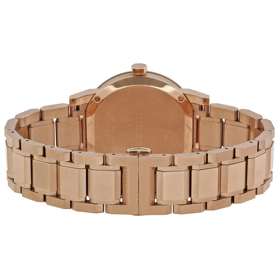 Caseback view of Burberry The City BU9034 rose gold stainless steel watch with link bracelet