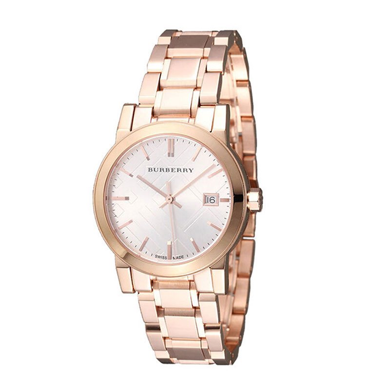 Burberry BU9104 rose gold women's watch with white dial and date window