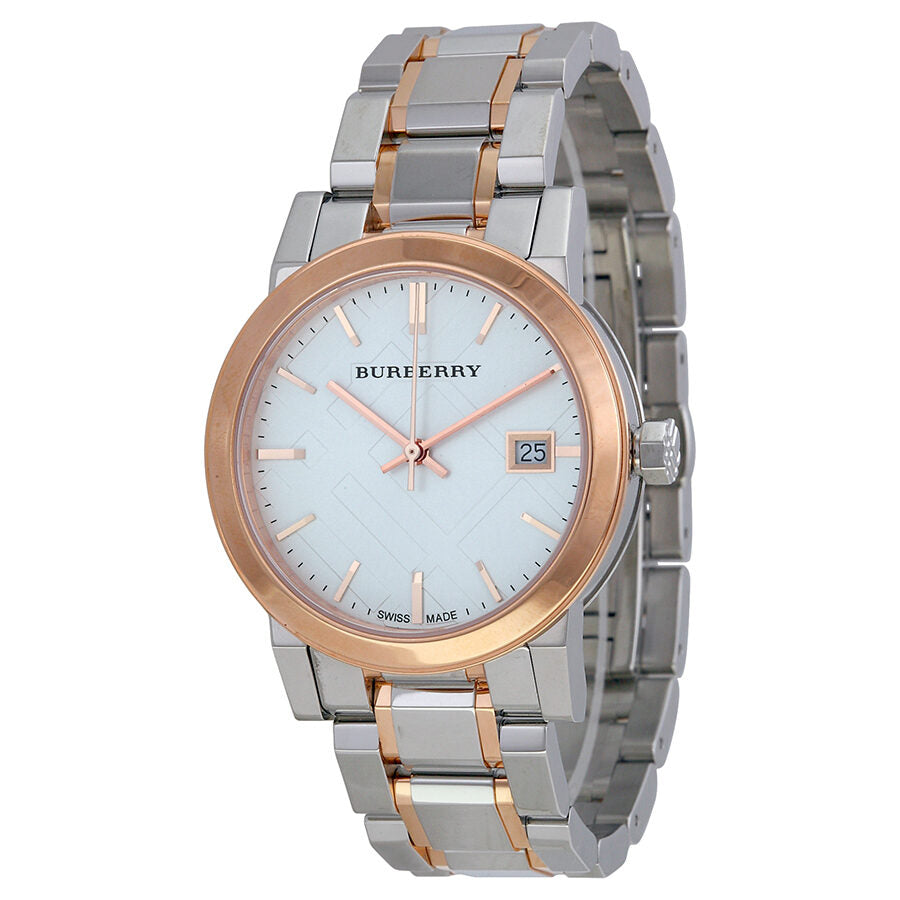 Burberry BU9105 watch from angled view showing two-tone rose gold and steel bracelet with white dial