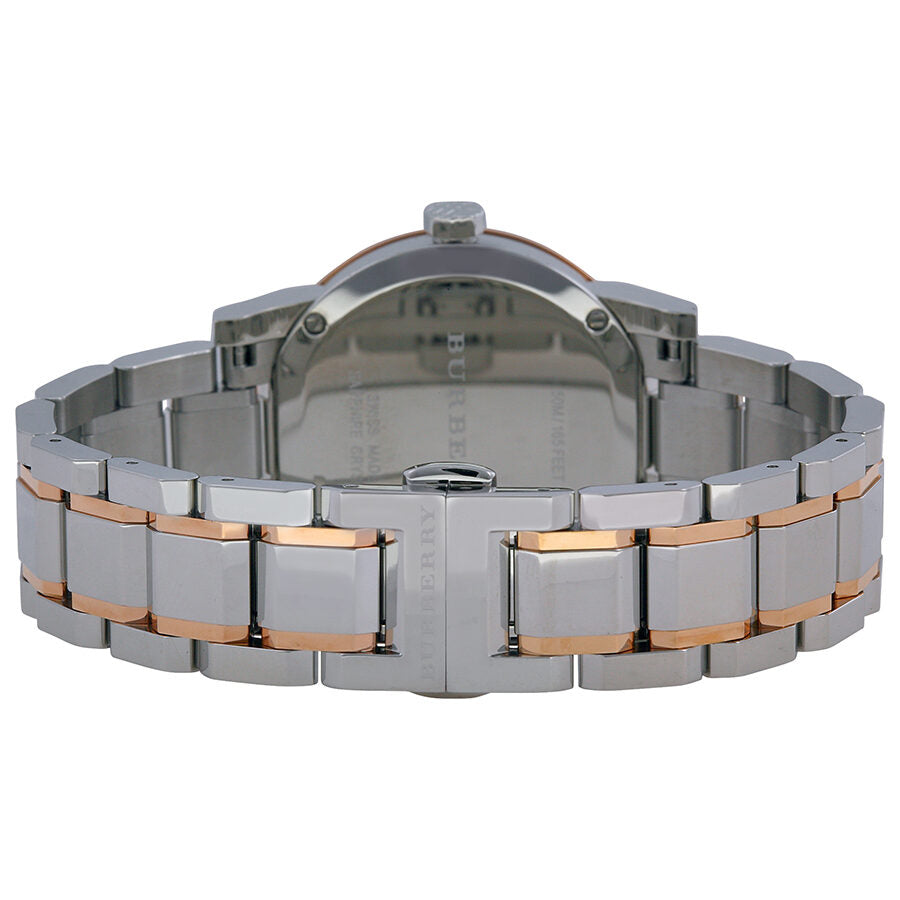 Burberry BU9105 watch caseback view showing two-tone rose gold and stainless steel bracelet construction