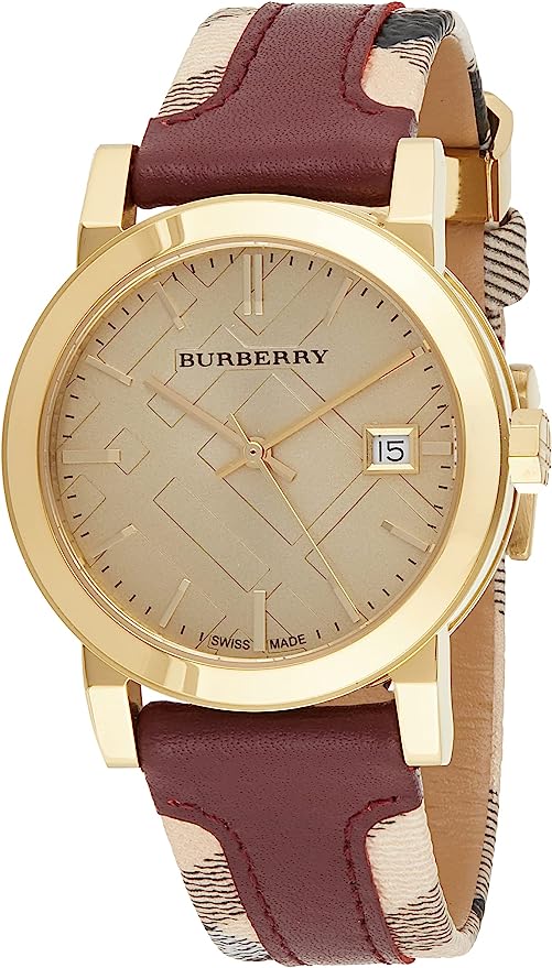 Burberry BU9111 women's watch with gold-tone case, cream check dial, and maroon leather check strap