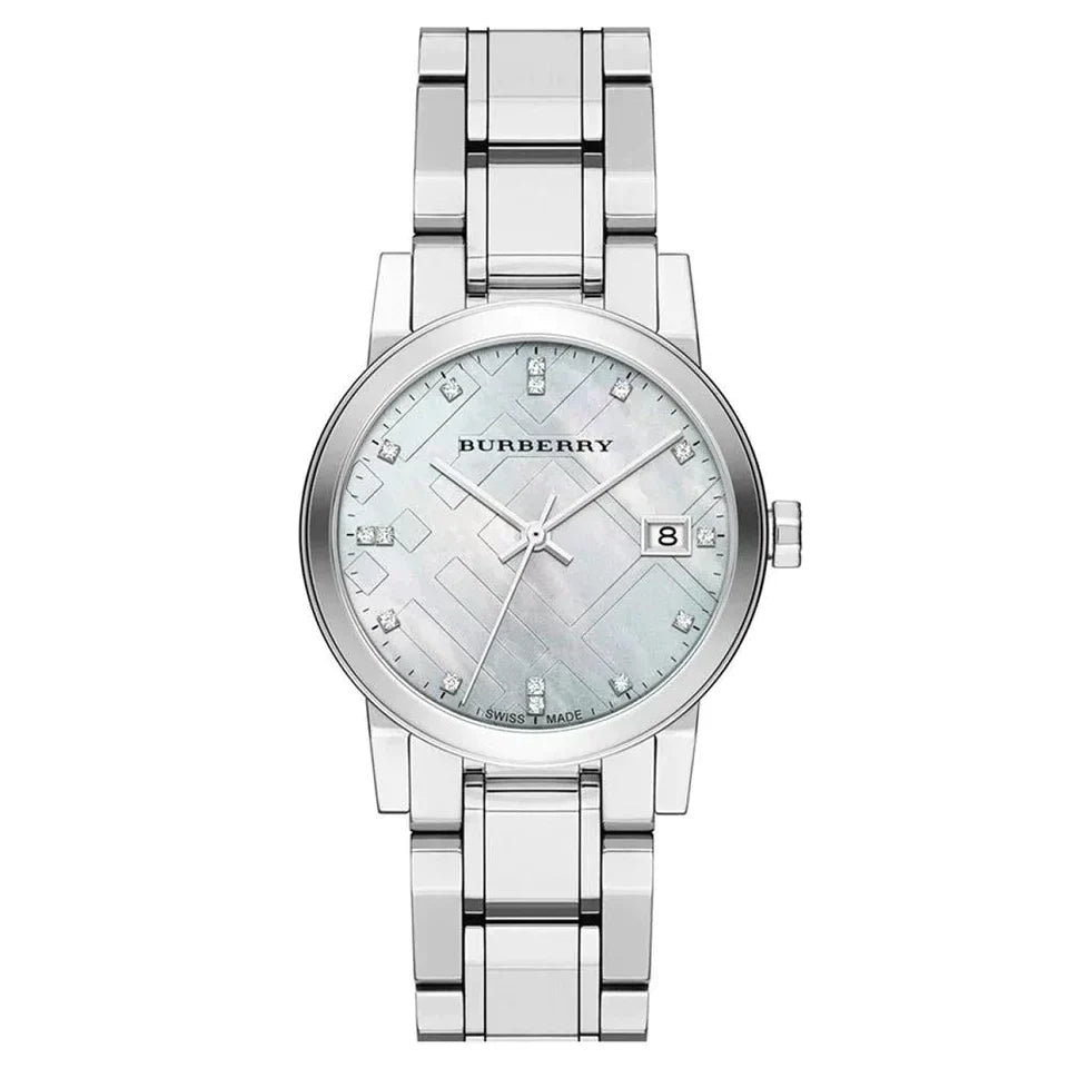 Burberry BU9125 silver stainless steel women's watch with mother-of-pearl dial and date window