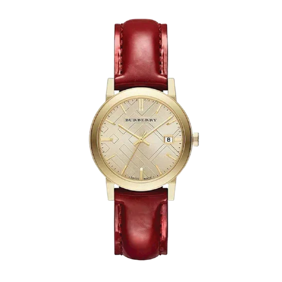Burberry BU9140 watch from angled view showing gold case and red patent leather strap