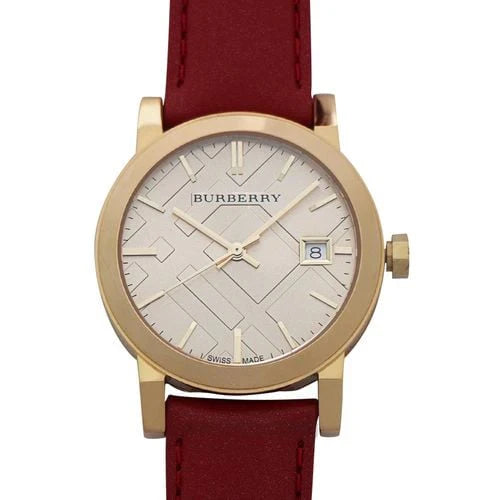 Burberry BU9140 front view of watch face with gold case and red leather band