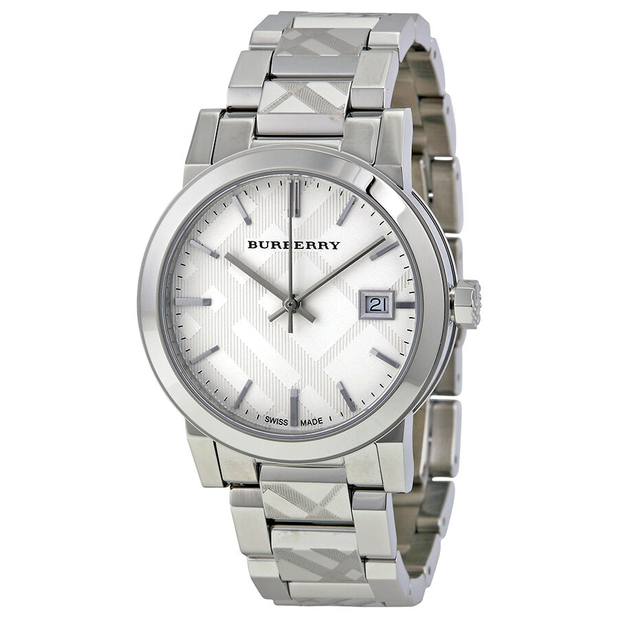 Burberry BU9144 ladies watch with silver check-stamped dial and stainless steel bracelet