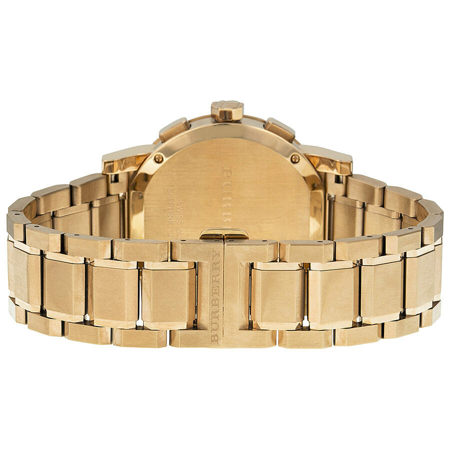 Back view of Burberry BU9353 watch showing rose gold-plated steel caseback and bracelet