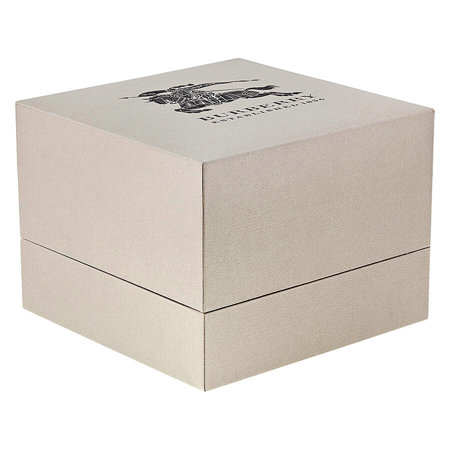 Burberry watch presentation box with brand crest and text, cream-colored packaging