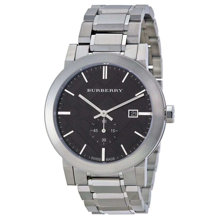 Burberry men's watch with dark grey dial, stainless steel case and bracelet, white hour markers and hands