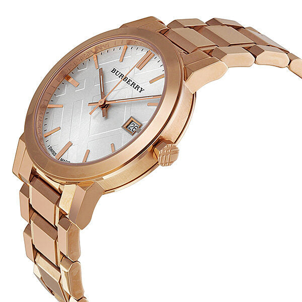 Burberry The City BU9004 rose gold watch angled view showing case, dial, and link bracelet