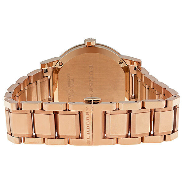 Burberry The City BU9004 caseback showing rose gold-plated stainless steel and branding