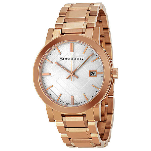 Burberry The City BU9004 rose gold watch with white check-pattern dial and date window