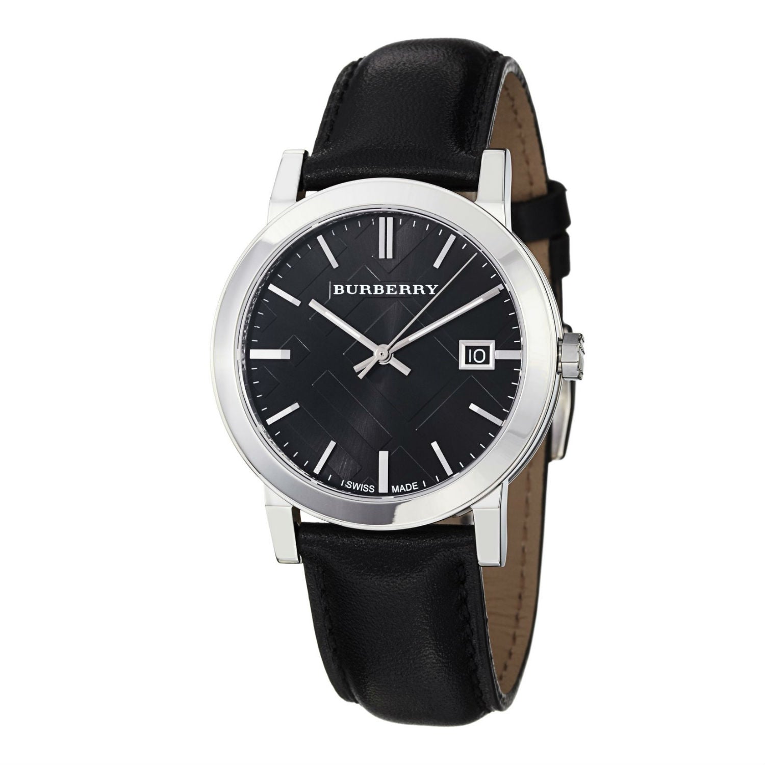 Burberry City men's watch with black dial, silver-tone case, and black leather strap