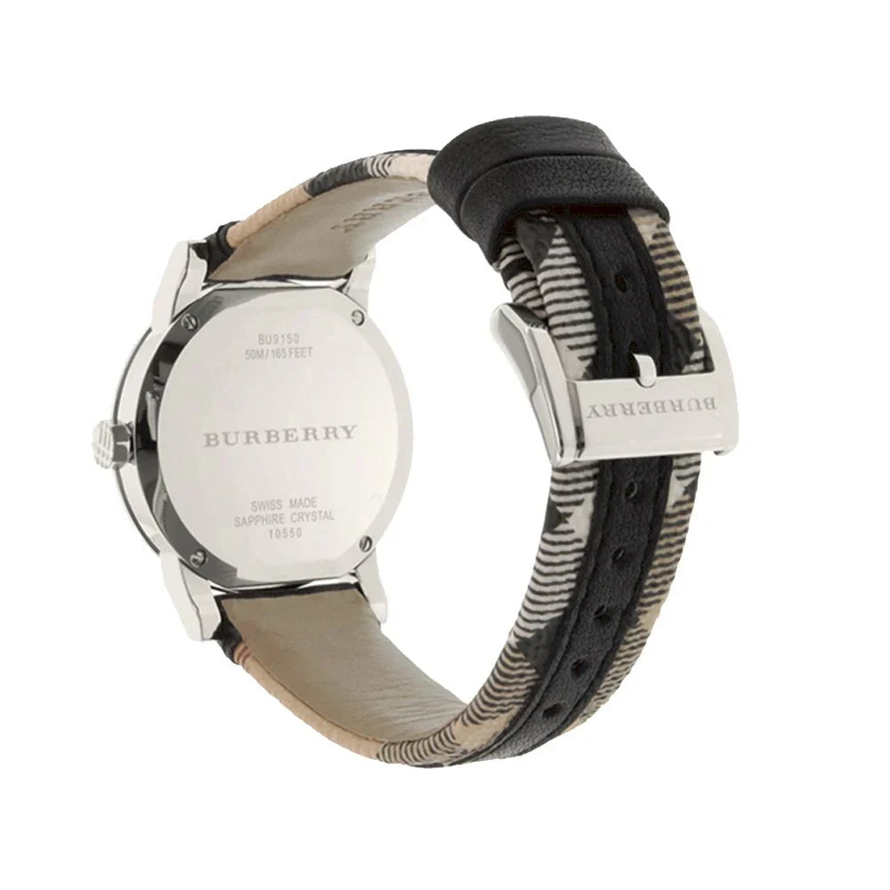 Burberry The City BU9150 caseback showing engraved Burberry logo and stainless steel case