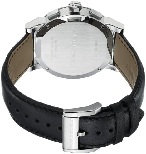 Burberry City BU9355 watch case back showing stainless steel with black leather strap