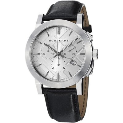 Burberry City Large Chronograph watch with silver dial and black leather strap