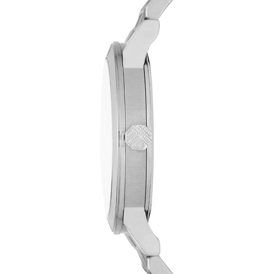 Burberry The City watch side profile with stainless steel bracelet and Burberry logo on case