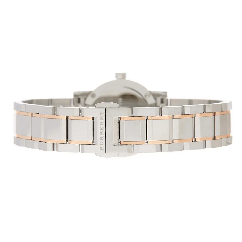 Burberry City Check watch caseback showing engraved logo on stainless steel case