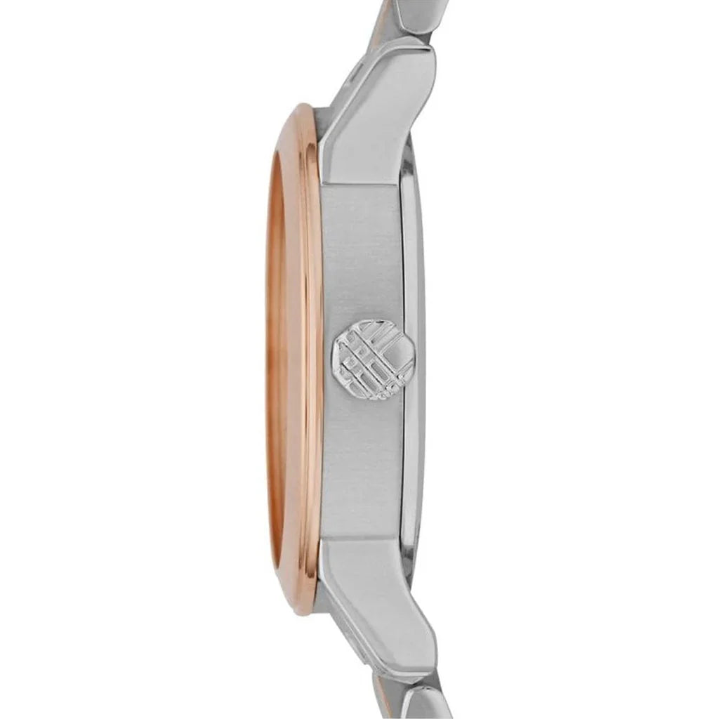 Side view of Burberry City Check watch displaying rose gold bezel and stainless steel case