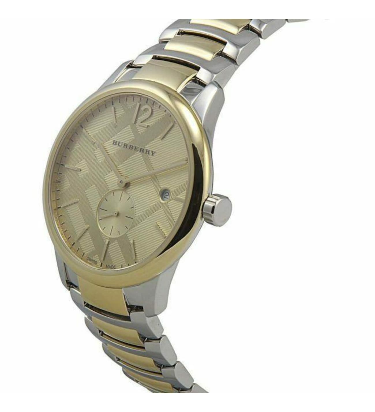 Side view of Burberry The Classic two-tone gold and steel bracelet watch